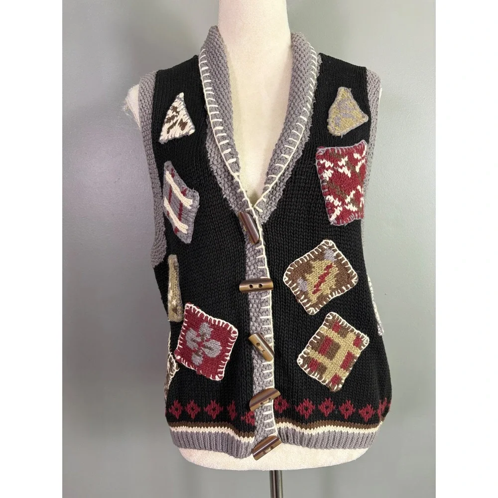 Vintage 90s Hunt Club Patchwork Sweater Vest Womens M Toggle Grannycore Boho Y2K